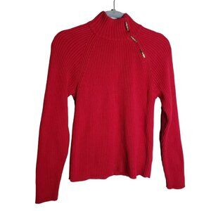 LAUREN Ralph Lauren Womens Size L Rib Knit Red Turtleneck with Gold buttons
